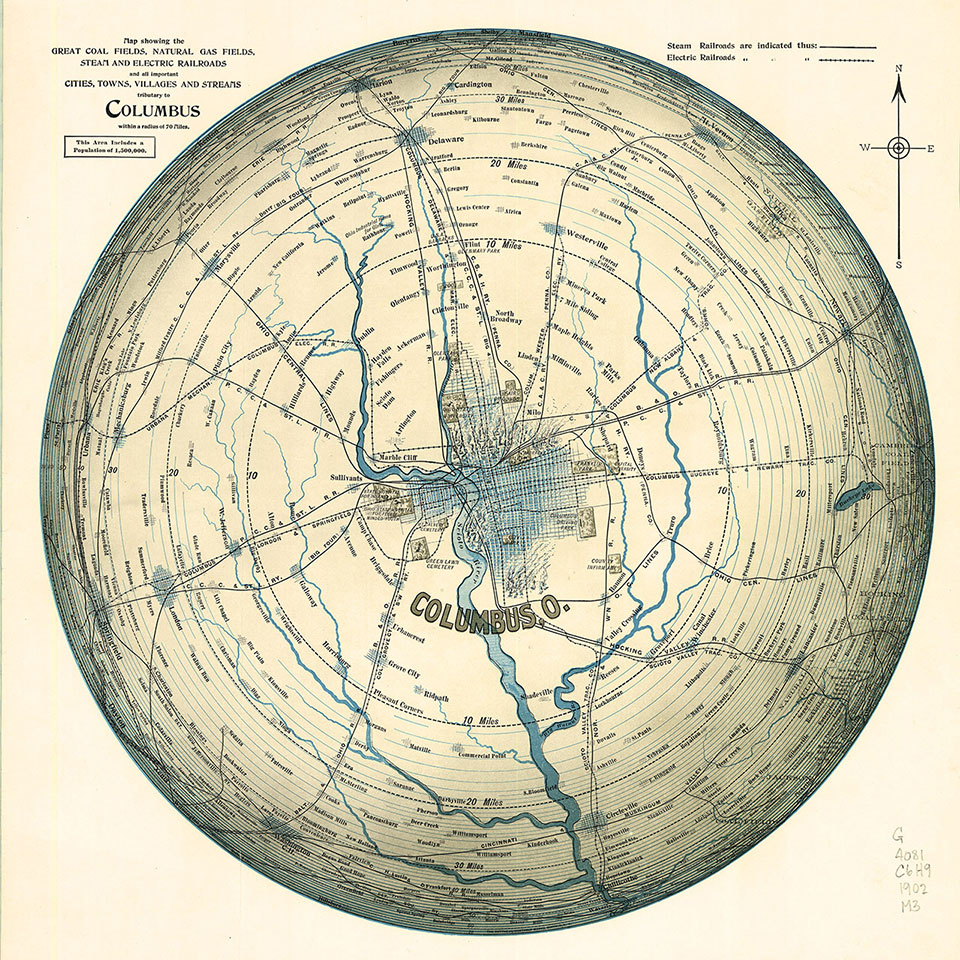 map of Columbus, Ohio, radiating outwards