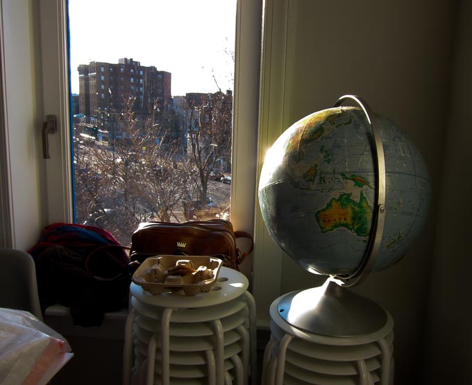 Photo of globe sitting in a window