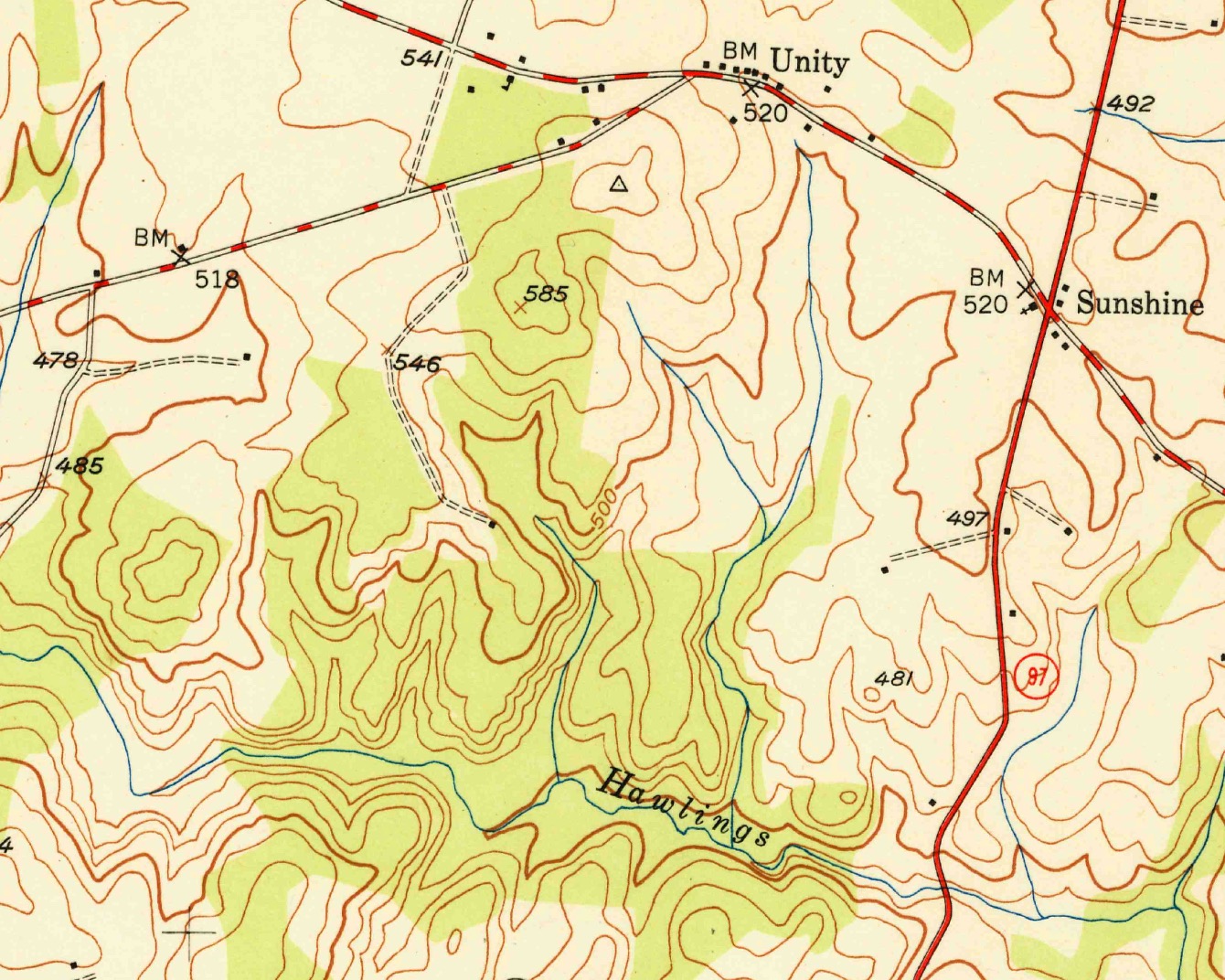 map showing small stream valleys