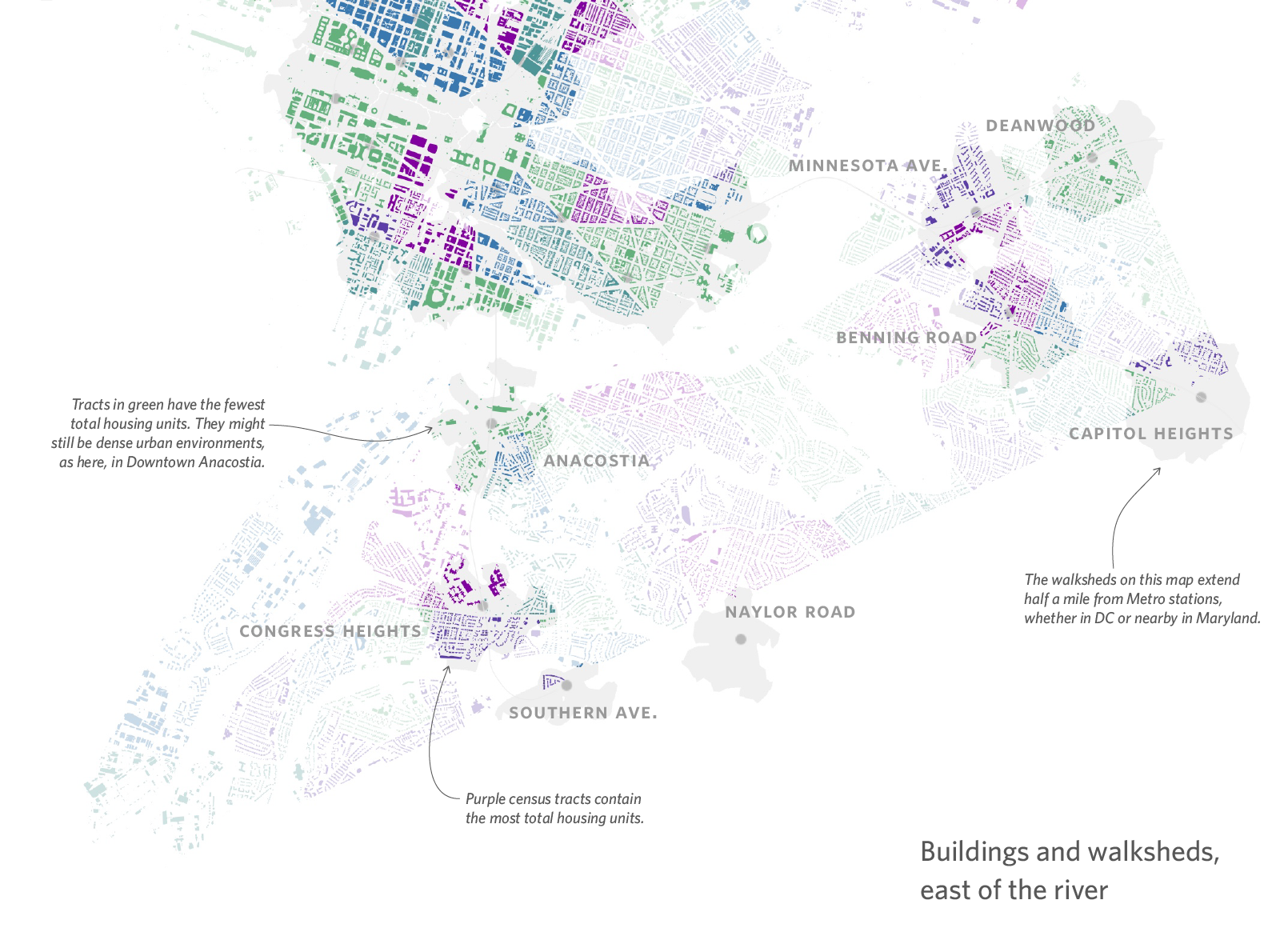 map showing buildings and Metro walkshedds