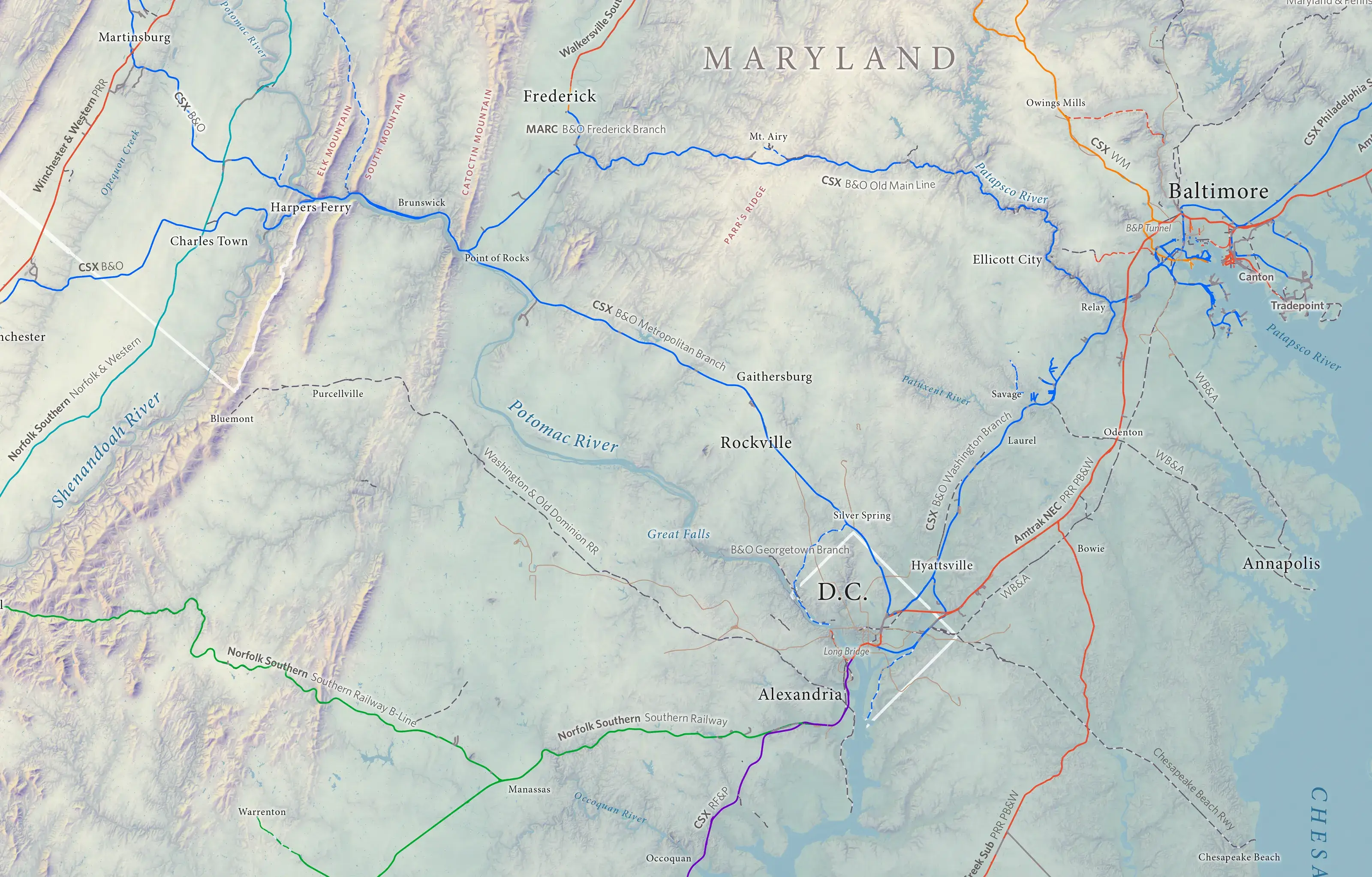 map of the region showing hills and rail lines