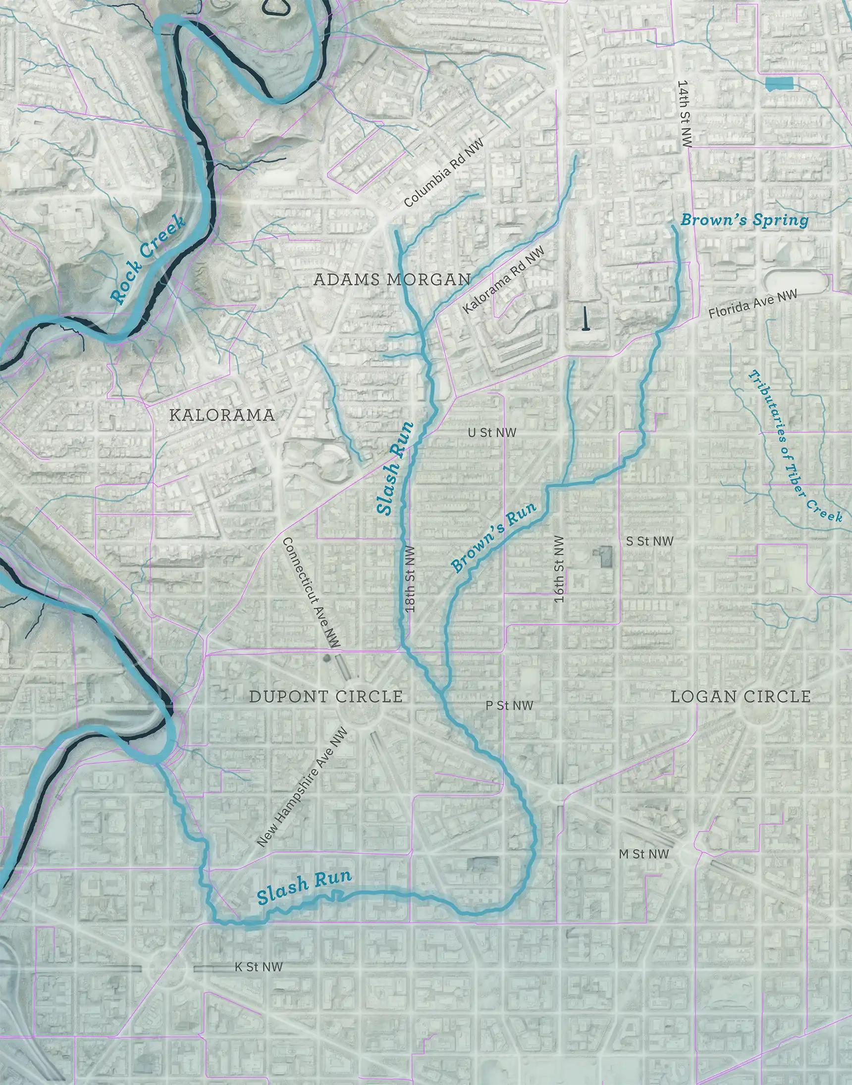 shaded relief map of DC with streams